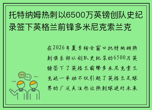 托特纳姆热刺以6500万英镑创队史纪录签下英格兰前锋多米尼克索兰克