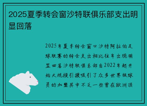 2025夏季转会窗沙特联俱乐部支出明显回落